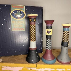IOB Willieraye Studio WW2606 Americana Folk Art Candlesticks 1998 Lot Of 3